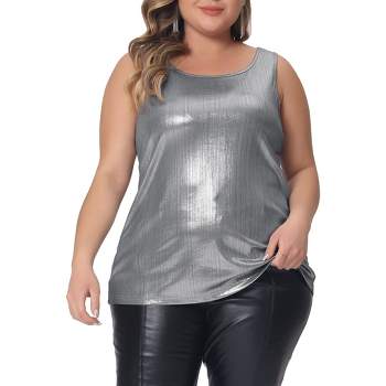 Agnes Orinda Women's Plus Size Shiny Metallic Round Neck Sleeveless Party Tank Top