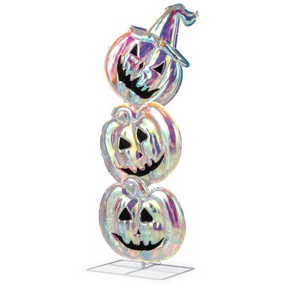 Tangkula 3.4 Ft Halloween Decorations Light up Stacked Pumpkins Standing Prismatic Iridescent