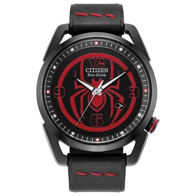 Marvel Citizen Eco-Drive Watch Featuring Miles Morales Black Ion Plated Stainless Steel Case with Black Leather Strap, Black Dial