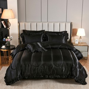 Silky Satin Comforter Set with Sheet Set, Ruffle Pinch Pleat Bedding, Luxury Soft Hotel Satin Quilt Set with Cushion Cover - 1 of 4