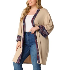 Agnes Orinda Women's Plus Size Contrast Placket Sleeves Knit Open Front Cardigans - 1 of 4