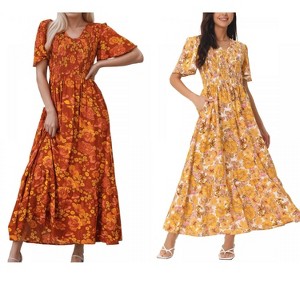 Seta T Women's Floral Short Flutter Sleeve V Neck Smocked High Waist Flowy Maxi Dress 2 Packs - 1 of 4