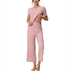 cheibear Women's Pajama Set Ruffle Round Neck Soft Knit Short Sleeve Shirt with Pants Capri Loungewear - 1 of 4