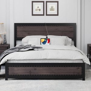 Full Size Bed Frame with Headboard, Industrial Platform Bed Frame with Charging Station - 1 of 4