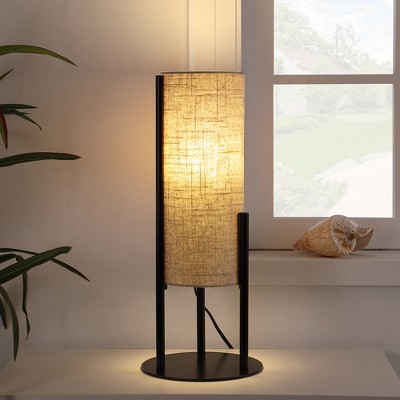 22" Beige Linen Drum Table Lamp – Black Metal LED