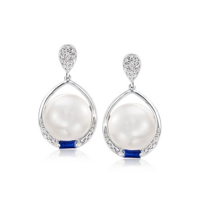 Ross-Simons 10.5-11mm Cultured Pearl and .30 ct. t.w. Sapphire Drop Earrings With Diamonds in 14kt White Gold