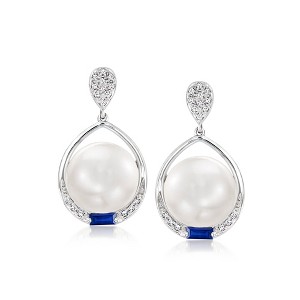Ross-Simons 10.5-11mm Cultured Pearl and .30 ct. t.w. Sapphire Drop Earrings With Diamonds in 14kt White Gold - 1 of 4