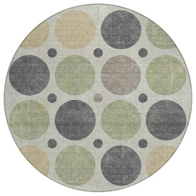 HomeRoots 8' Beige Artichoke Green And Charcoal Round Geometric Washable Indoor Outdoor Area Rug