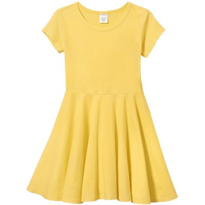 Image of City Threads USA-Made Cotton Soft Girls Jersey Short Sleeve Twirly Skater Dress | Yellow - 6-9M