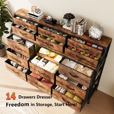 55 Inch Bedroom Dresser with Power Outlets and LED Lights 14 Drawer Fabric Chest