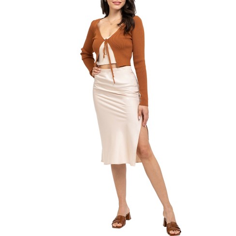 August Sky Women's Side Slit Satin Skirt_rtw1008_champagne_large