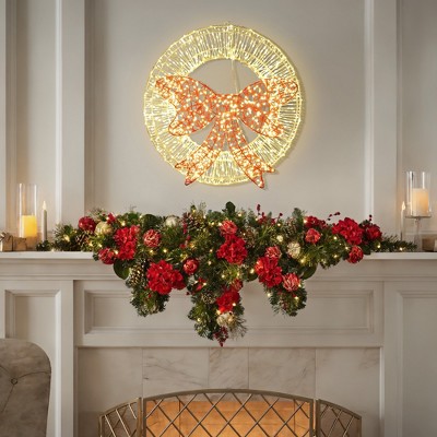 1.6-Foot Gold LED Christmas Wreath with Red Light Bow