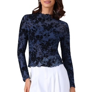 INSPIRE CHIC Women's Sheer Mesh Floral Mock Neck Long Sleeve See Through Blouses - 1 of 4
