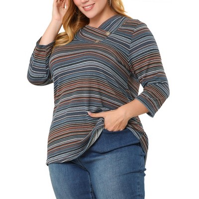 Agnes Orinda Women' S Plus Size 3/4 Sleeve V Neck Stripe Boho Knit Casual  Blouse Blue 1x : Target