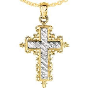 14k Yellow Gold 0.9" Filigree Openwork Two-Tone Cross Charm Pendant with optional Adjustable Chain Necklace - 1 of 4