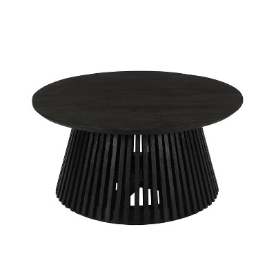 The Urban Port 32" Handcrafted Round Coffee Table Mango Wood Slatted Flared Base Black