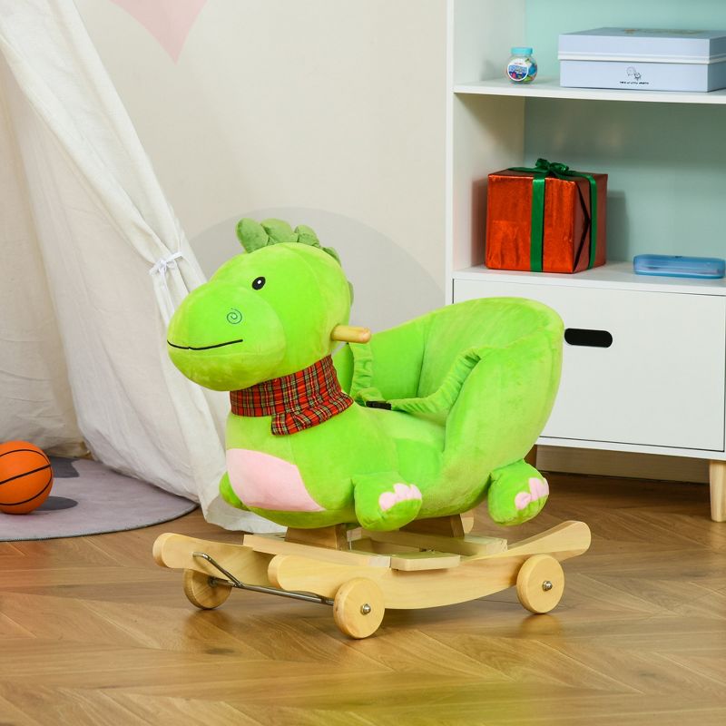 Qaba Baby Rocking horse Kids Interactive 2-in-1 Plush Ride-On Toys Stroller Rocking Dinosaur with Wheels and Nursery Song, 2 of 9