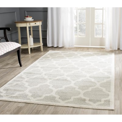 Reversible Light Grey & Beige Geometric 5' Square Synthetic Rug