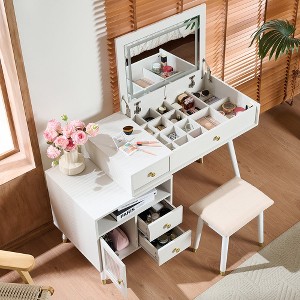 MOEPISY 3-in-1 Vanity Desk with Lighted Flip-Top Mirror & Adjustable Cabinet, Makeup Dressing Table with Stool - 1 of 4