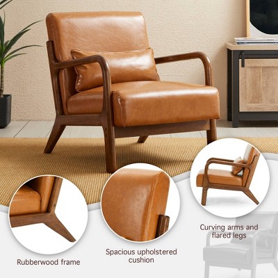 Mid-Century Modern Yellowish Brown Faux Leather Accent Chair with Walnut Wood Frame
