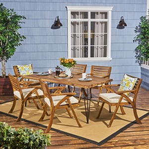 GDFStudio Tongass Outdoor Acacia Wood and Iron 7 Piece Dining Set with Cushion, Teak and Cream - 1 of 4