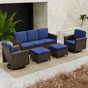 EAGLE PEAK Ocean Vista 5 piece Outdoor Patio Furniture Set,  Wicker Conversation Set with Cushions Swivel Chairs - 1 of 4