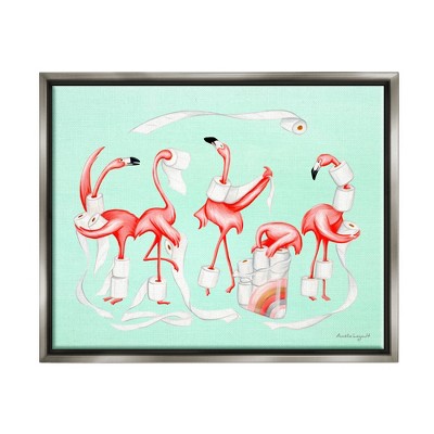 Stupell Industries Silly Flamingos Toilet Paper Framed Floater Canvas Wall Art