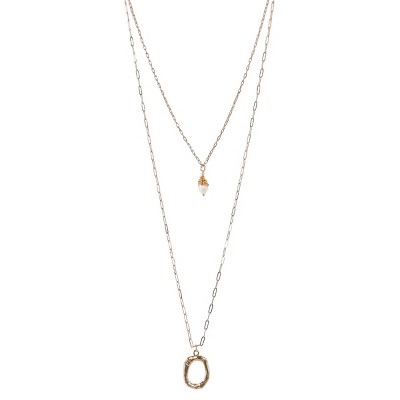 Slickblue Women's Necklace, Gold Double Link Chain with Circle Accent and Tear-Drop Pearl Charm, 17"-24"