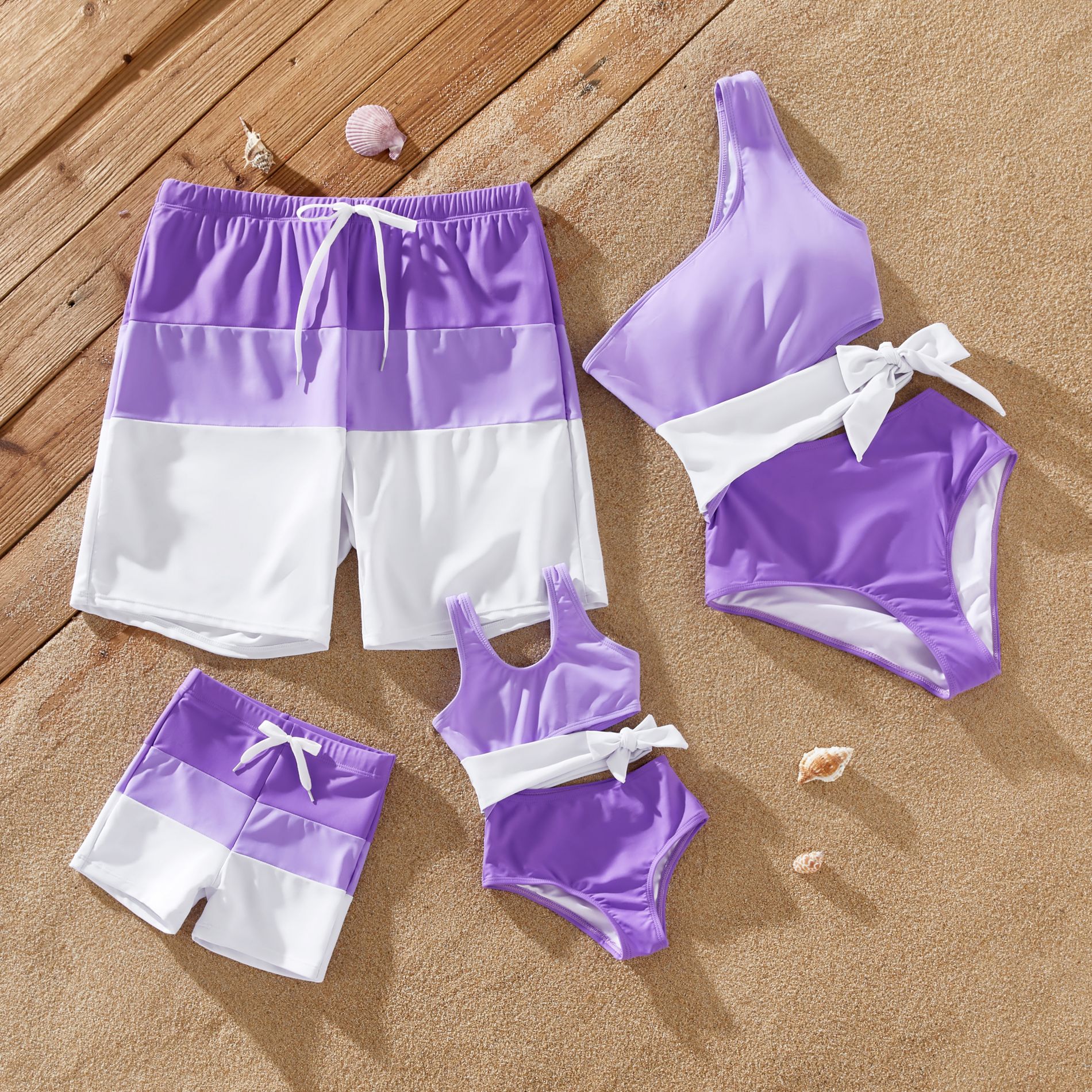 PATPAT Family Matching Color-block Swim Trunks Shorts One-shoulder Side Knot One-Piece Swimsuit (Quick-Dry)
