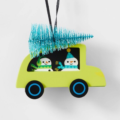 Wood Car with Bottle Brush Tree Christmas Tree Ornament Green/Blue - Wondershop™