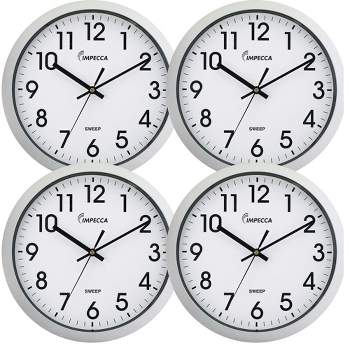 Impecca 12 Inch Quiet Movement Wall Clock, White, 4-Pack