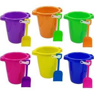 4E's Novelty 6 Pack Beach Buckets with Shovels – 7.5" Sand Buckets Bulk for Kids Play - 1 of 4