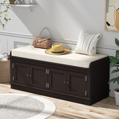 Storage bench w/4 Doors and Adjustable Shelves,ShoeBench w/Removable Cushion & Seating for Entryway Living Room Hallway Bedroom