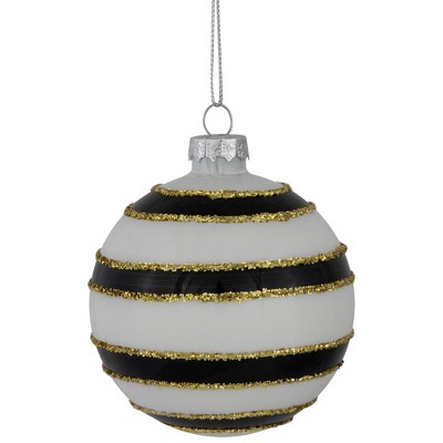 Set of 4 White and Black Striped Glass Christmas Ornaments with Gold Accents