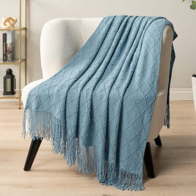 Dusty Blue Knitted Fleece Throw Blanket with Fringe