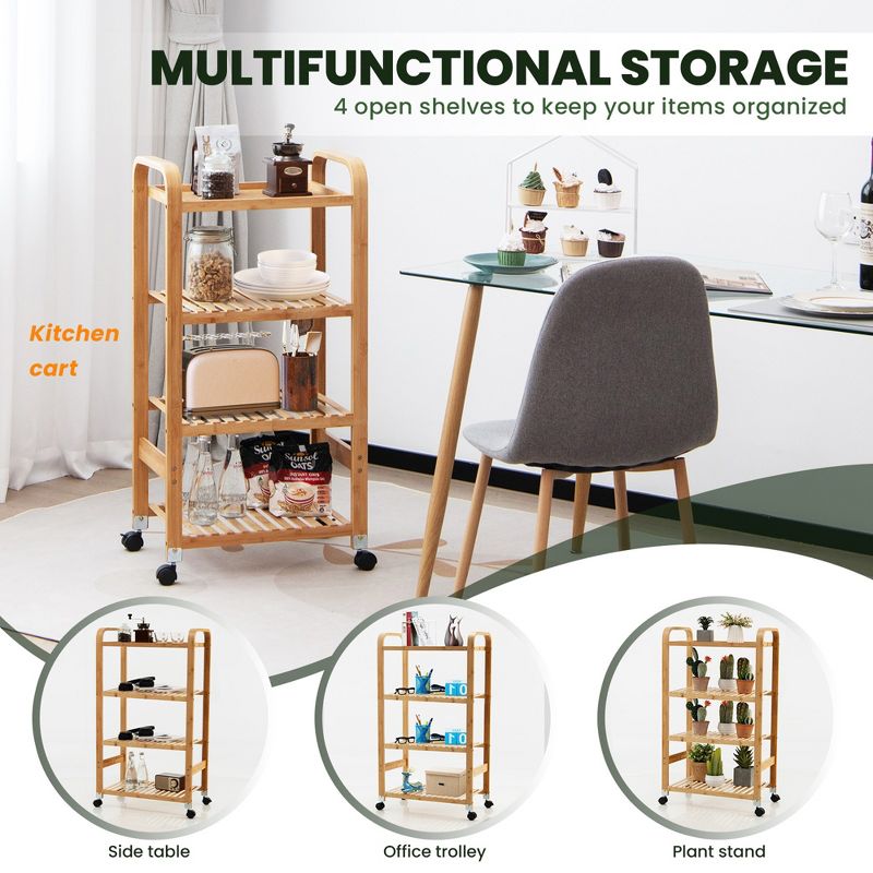 Costway 4-Tier Kitchen Serving Trolley Cart Mobile Bamboo Storage Shelf Lockable Casters, 5 of 11