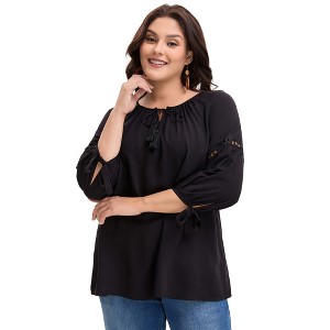 Women's Plus Size Tie Tassel V Neck Hollow Bowknot 3/4 Sleeve Adjustable Cuffs Casual Blouses - Agnes Orinda - 1 of 4