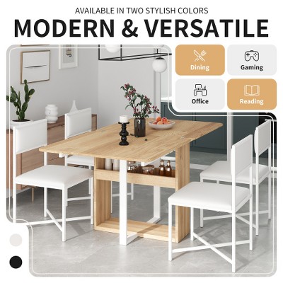 Anybear 63inch 5pc Extendable Dining Table Set with Storage Rack and 4 PU Leather Upholstered Dining Chairs