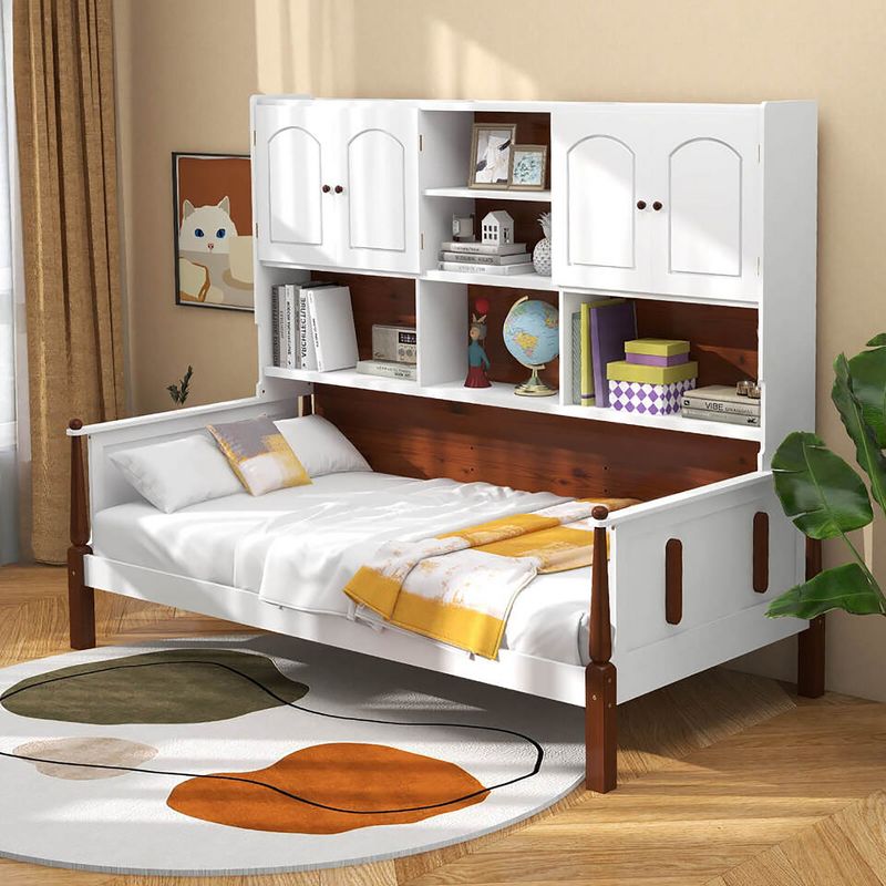 Tangkula Twin Daybed w/ Bookcase Wooden Platform Bed w/ Shelves & Cabinets White & Brown, 3 of 11