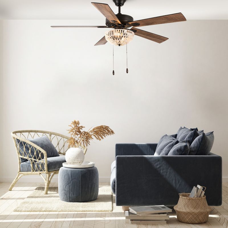 52&#34; 2-Light Gertrude Oil-Rubbed Bronze Metal Ceiling Fan with Rattan Shade - River of Goods, 4 of 12