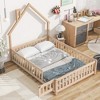 Lyngins Full Size Bed Frame, House-Shaped Floor Bed Frame with House-Style Headboard, Fence Guardrails & Latch Door, Sturdy Pine Wood Construction - 3 of 4