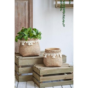 ORRD Set of 2 Brown Cement Planters 6.5", Small Flower Pots with Woven Tassel Accent for Indoor Plants, Bohemian Home Decor - 1 of 4