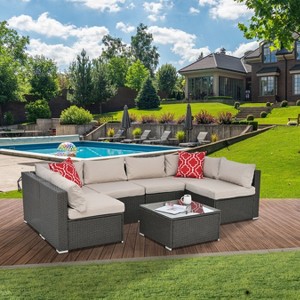 Patio furniture outdoor sofa set with 6 seats, Garden Furniture With Tempered Glass Coffee Table - 1 of 4