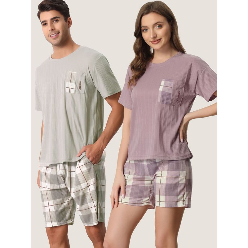cheibear Women's Sleepwear Short Sleeve T-Shirt with Plaid Shorts Couple Pajama Sets, 3 of 7