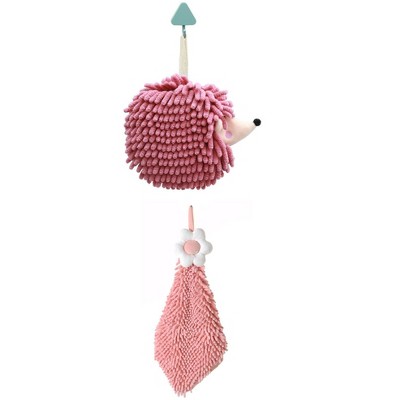 REGALWOVEN 2 Packs Chenille Hand Towel Flower and Cute Cartoon Hanging Hand Towel for Bathroom 6" x 15"/7" x 7"