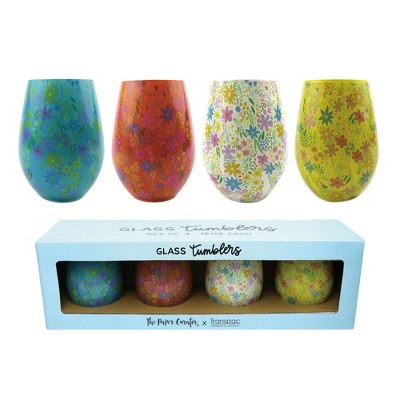 Transpac Glass 18 oz Flower Print Glasses Set of 4 Home Decorations Spring