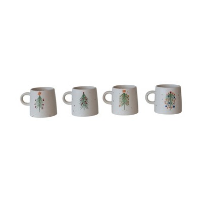 Storied Home Hand-Painted Speckled Stoneware Mugs with Christmas Tree, Multicolor, Set of 4