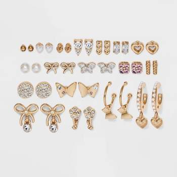 Heart Butterfly and Flower Stud Hoop Earring Set 18pc - Wild Fable™ Gold