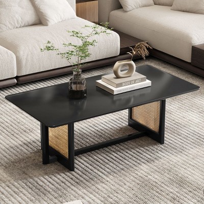 Cozy Minimalist Coffee Table,Rattan Rectangular Solid Wood Coffee Table, Side Table With Crossed Legs Center Table Tea Table-Cuddlewood