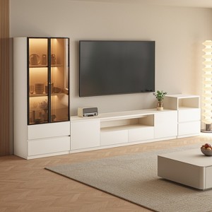 ATJafurn Modern 3 Piece Living Room Entertainment Center Set Includes TV Stands, Glass Display Cabinet and Nightstand For 75 Inch TV, White - 1 of 4